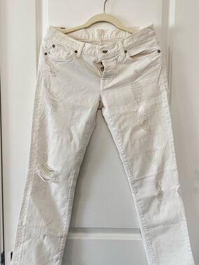 7 For All Mankind White Straight-Leg Distressed Jeans